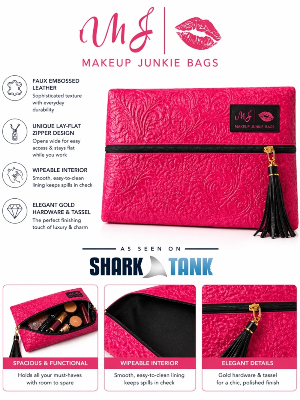 MJ Makeup Junkie Dream Pink Bag Embossed Faux Leather Large 9.5” x 13”